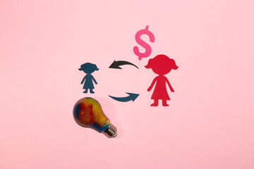 exchange of material resources and creative ideas, a small businesswoman with ideas and a big one with money and a greater need for ideas, creative design with a businesswoman on a pink background
