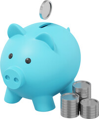 Blue piggy bank, dropping coins, stacks of money. PNG icon on transparent background. 3D rendering.