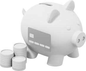 White piggy bank, stacks of coins and credit card. PNG icon on transparent background. 3D rendering.