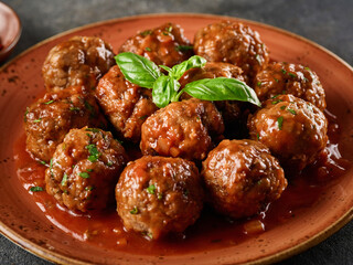 Homemade meatballs with tomato sauce and spices served in plate on grey background - 534154586
