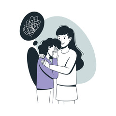 Woman Help to Young Girl in Depression Feeling Sad Suffering from Mental Disorder Vector Illustration