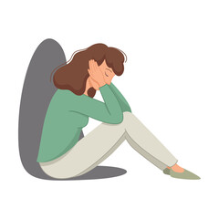Sad and Unhappy Teenage Girl in Depression Sitting with Bended Knees Suffering From Mental Disorder Vector Illustration