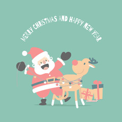 merry christmas and happy new year with cute santa claus and reindeer in the winter season, flat vector illustration cartoon character costume design