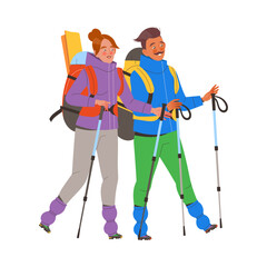 Man and Woman Character Hiking in the Mountains with Pole and Backpack Vector Illustration