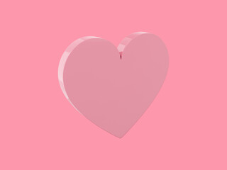 Flat heart. Symbol of love. Pink single color. On a monochrome pink background. View left side. 3d rendering.