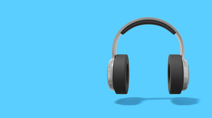 Realistic gray headphones on blue background with space for text. Front view. 3d rendering.