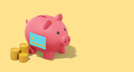 Accumulation of savings icon. Banner, space for text. 3D rendering. Pink piggy bank with stacks of coins, credit card on yellow background.