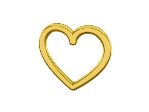 Toy metal heart. Golden mono color. Symbol of love. On a white flat background. Right side view. 3d rendering.