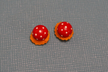 Handmade wooden puppet theater. wooden toy Mushrooms. Selective focus 