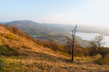 the alps, lakes and cities of brianza seen in the sunset light from the top of mount Barro, near the town of lecco, Italy - April 2022.