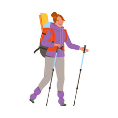 Woman Character Hiking in the Mountains with Pole and Backpack Vector Illustration