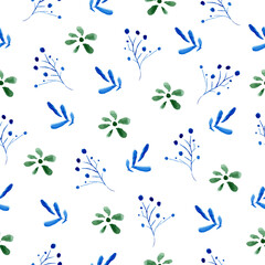 seamless floral pattern of blue and green flowers in watercolor.