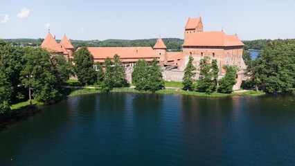 Fototapeta premium Trakai castle, trakai lake, drone aerial view.