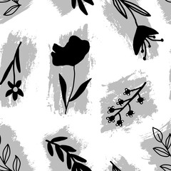 Abstract Hand Drawing Flowers Leaves and Branches Seamless Vector Pattern Isolated Background