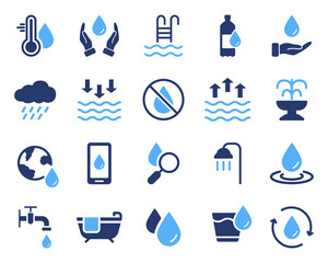 Drink Clean Water Silhouette Black Icon Set. Water Drop Ecology Liquid Glyph Pictogram. Faucet, Tap, Fountain, Soda, Rain, Shower, Bath Purity Aqua Symbol. Isolated Vector Illustration