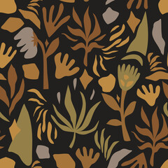 Abstract pattern. Floral seamless design in brown and beige colors in memphis style.