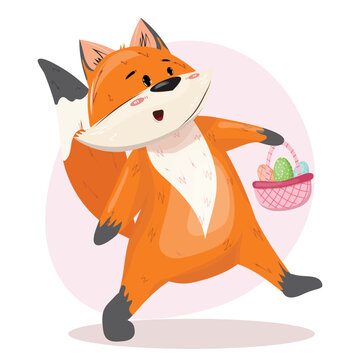 Cute fox walking with the easter basket full of painted eggs. Easter hunt illustration with a happy fox in flat cartoon illustration. Spring, Easter holiday.