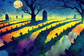 Watercolor art Halloween old haunted cemetery in deathly silence, aged and decaying tombstones, would be scary if the undead rose at night - illuminated by full moon glow and guarded by bats. 