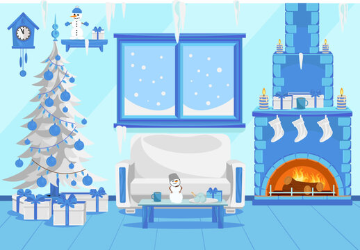 Vector illustration of a room for celebrating New Year and Christmas in an icy style.