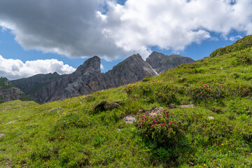 Naklejka na ściany i meble Cloudy Dolomites Gusela mountain, Passo di Giau with peak Ra Gusela. Location place Dolomiti Alps, Cortina d'Ampezzo, South Tyrol, Italy, Europe.