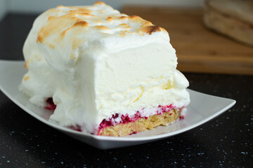 Ice cream cake with raspberry jam on a white plate.
