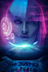 Artwork of short haired female cyborg in virtual reality against planet and colorful background.