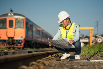 The engineer in a helmet band uniform working with a blueprint for the plan, an Engineer working in the railway train station.