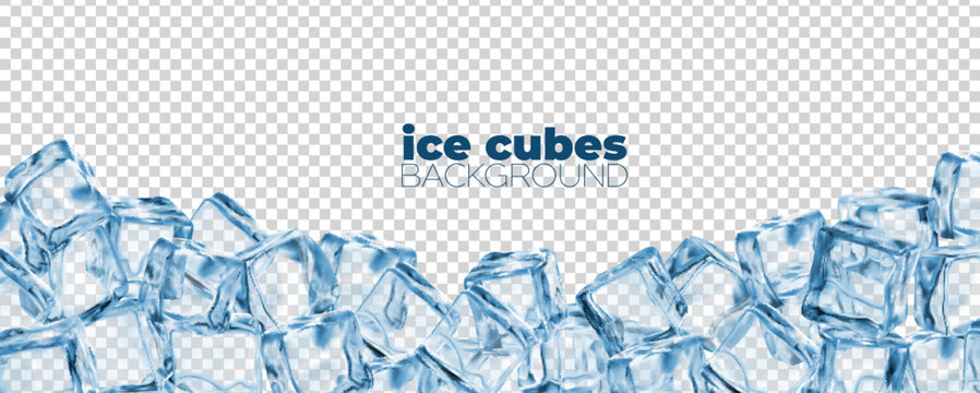 Realistic ice cubes background, crystal ice blocks frame. Isolated vector border with transparent blue square chunks of frozen water or crystal pieces. Solid icy cubes or frosty blocks banner border