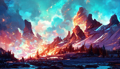 Fototapeta na wymiar Ice And Fire Eternal Land Art Landscape Background Illustration