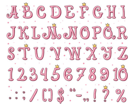 Princess font alphabet, pink text and girl letters, vector typography type. Cute baby princess birthday font with golden crown, girly fairy magic and cartoon pink abc alphabet for childish book