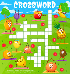 Cartoon fruits characters on yoga fitness sport crossword puzzle game grid. Find a word quiz game worksheet, intellectual game or child playing activity vector page with funny fruits doing exercises