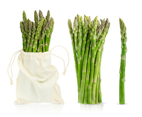 Collection of green raw asparagus isolated on white background.