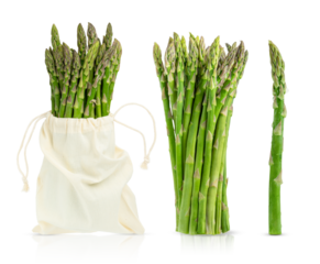 Collection of green raw asparagus isolated on white background.