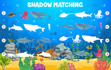 Fototapeta premium Underwater landscape with sea animals, shadow match game worksheet, kids vector cartoon puzzle. Find correct shadow or silhouette of ocean fish, shark and octopus with whale and dolphin or jellyfish