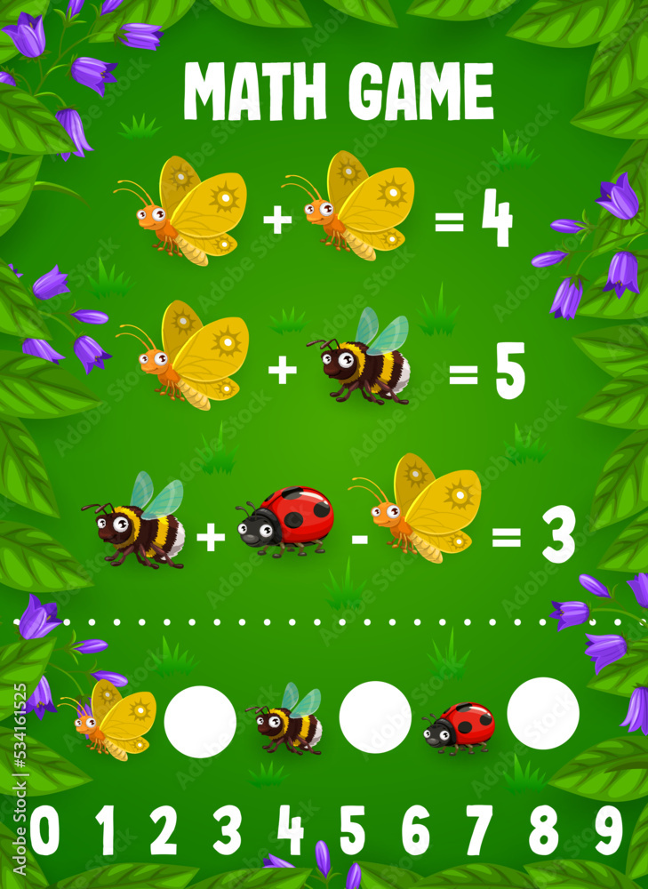 Poster Math game worksheet, cartoon funny insect characters counting puzzle in flower frame. Vector quiz of kids education with butterfly, bumblebee and ladybug insect personages on grass meadow background