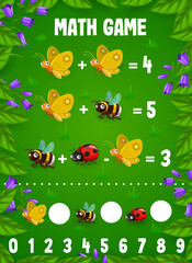 Math game worksheet, cartoon funny insect characters counting puzzle in flower frame. Vector quiz of kids education with butterfly, bumblebee and ladybug insect personages on grass meadow background
