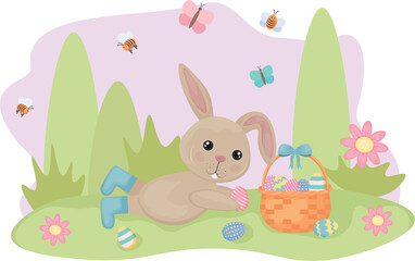 Easter bunny. A cute rabbit is lying with a basket of Easter eggs. April. Cartoon rabbit. Vector illustration
