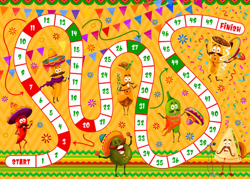Board game with mexican burrito, pepper, avocado, tortilla and jalapeno, vector food characters. Kids puzzle riddle or start and finish tabletop dice game with Mexican cartoon personages in sombrero