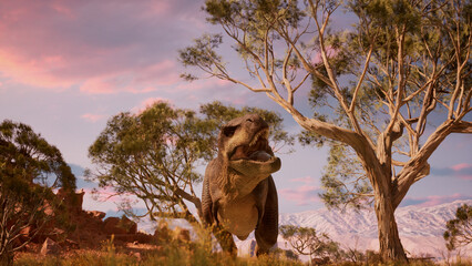Hungry Tyrannosaurus Walks through the Canyon in the Desert. Dinosaur. T-rex on the Hunt. Biology and Archaeology Concept. 3D Rendering © BY Movie
