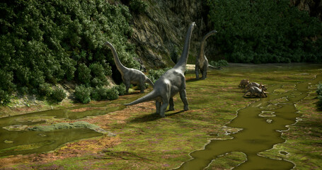 Groups of Brachiosaurs Eating Plants and Moving through a Canyon. Late Jurassic Dinosaurs. 3D Rendering. 