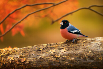 3d illustration Eurasian bullfinch on a branch in autumn woods