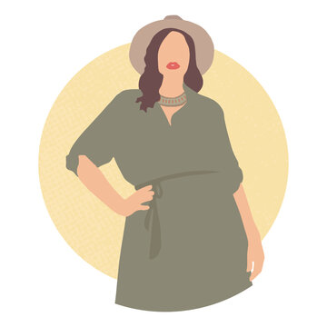 recommend clip art: Woman silhouette wears beige dress and hat, beautiful plus size model figure