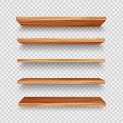 Wooden store shelf, realistic 3D shelves of wood on vector transparent wall background. Front view of empty wood bookshelf or shop product wooden rack, library stand and home interior books shelf