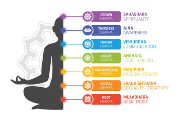The 7 Chakras and their meanings banner. Containing crown, third eye, throat, heart, solar plexus, sacral and root chakra symbol. Vector illustration.