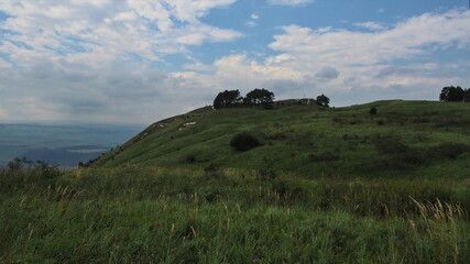 Panoramic views from Bolshoye Sedlo mountain to the Kislovodsk National Park and the city of Kislovodsk, North Caucasus, Russia.