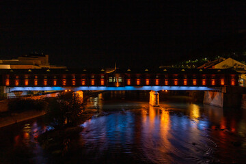 Fototapeta na wymiar The covered bridge in Lovech at night time