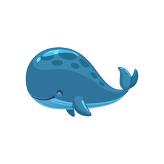 Niedliche Blauwalfigur der Karikatur, Vektorpersönlichkeit des Meeres- und Ozeanwassertieres. Lustiger riesiger Meeresfisch mit fröhlichem Lächeln, isoliertes Unterwasser-Säugetier, das mit gebogenem Schwanz und Flossen schwimmt