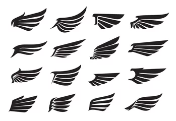 Fotobehang Eagle wing icons, angel wing tattoo and bird feather silhouettes, vector heraldic symbols. Wings emblem of angel or eagle, freedom and power signs, dove bird feathers for aviation and royal heraldry © Vector Tradition
