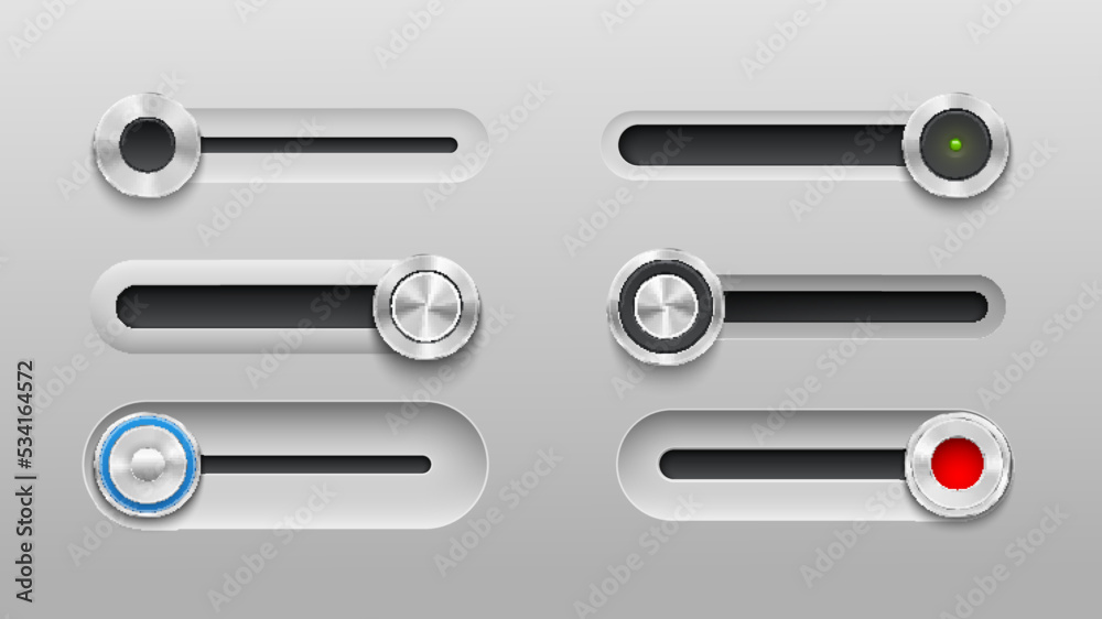 Poster UI slider bar buttons, volume slide toggles and switch control, vector web interface. Realistic metal slider buttons for music player or equalizer and menu settings, switch on and off toggles