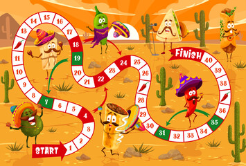 Cartoon mexican food character in desert kids board game. Vector walk boardgame with numbered snake path and tex mex snacks chili pepper, tacos and jalapeno, burrito and avocado, quesadilla, enchilada